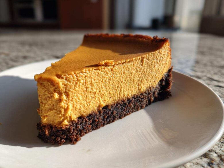 A close-up, sunlit slice of pumpkin cheesecake featuring a thick, orange filling and a dark chocolate crust, served on a white plate.