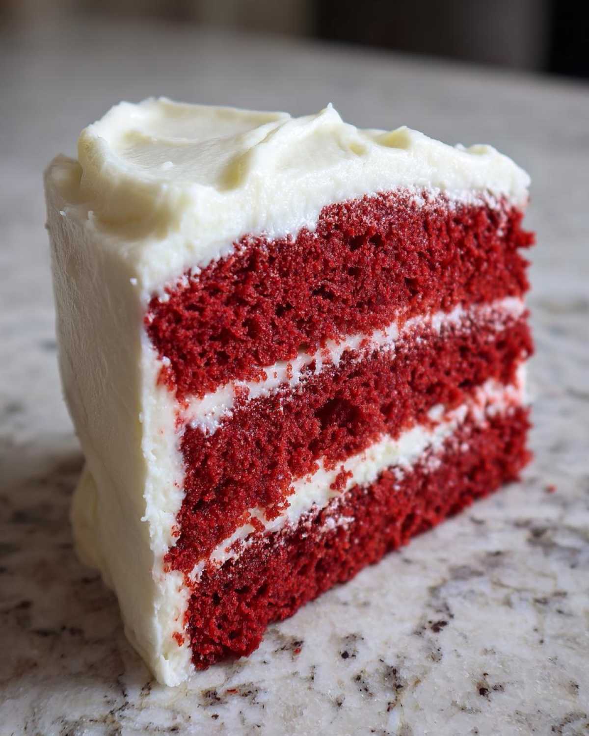 A close-up slice of moist, three-layer red velvet cake topped with thick cream cheese frosting.
