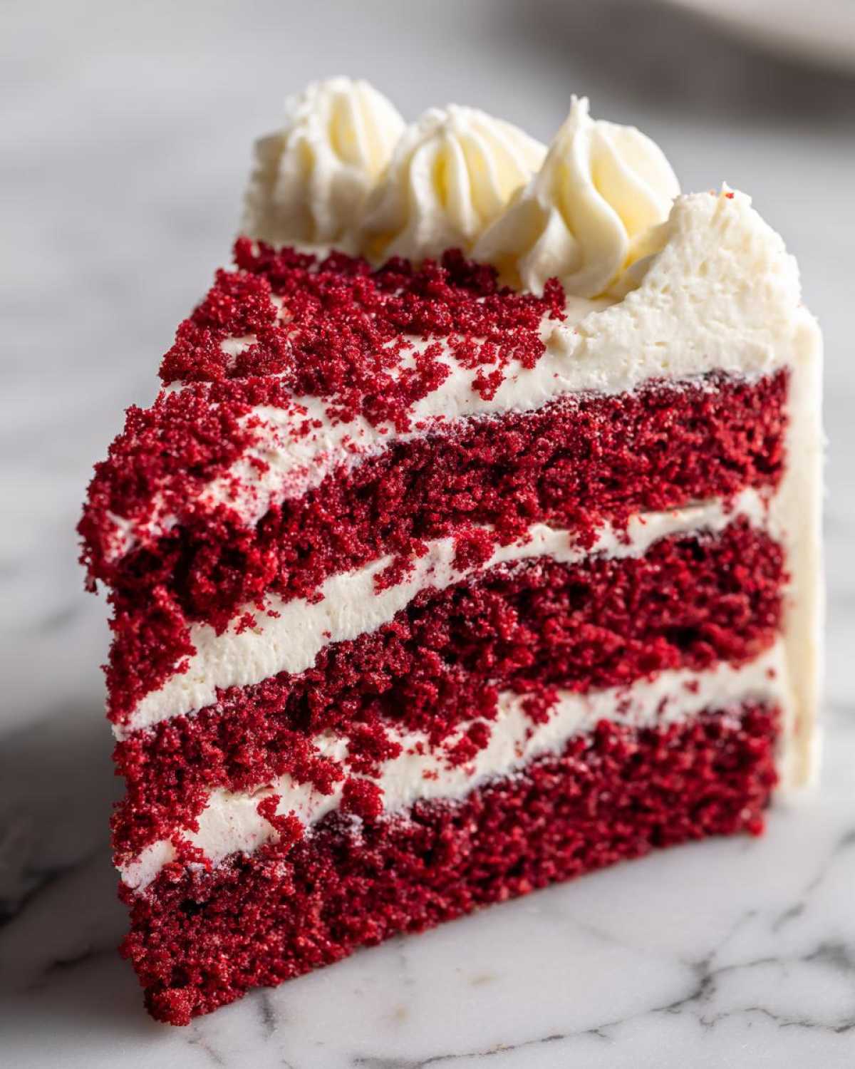 Close-up of a decadent slice of red velvet cake showing three layers of deep red cake separated by thick white frosting.