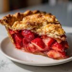 Close-up of a thick slice of strawberry rhubarb pie showing juicy red filling and a golden, flaky top crust.