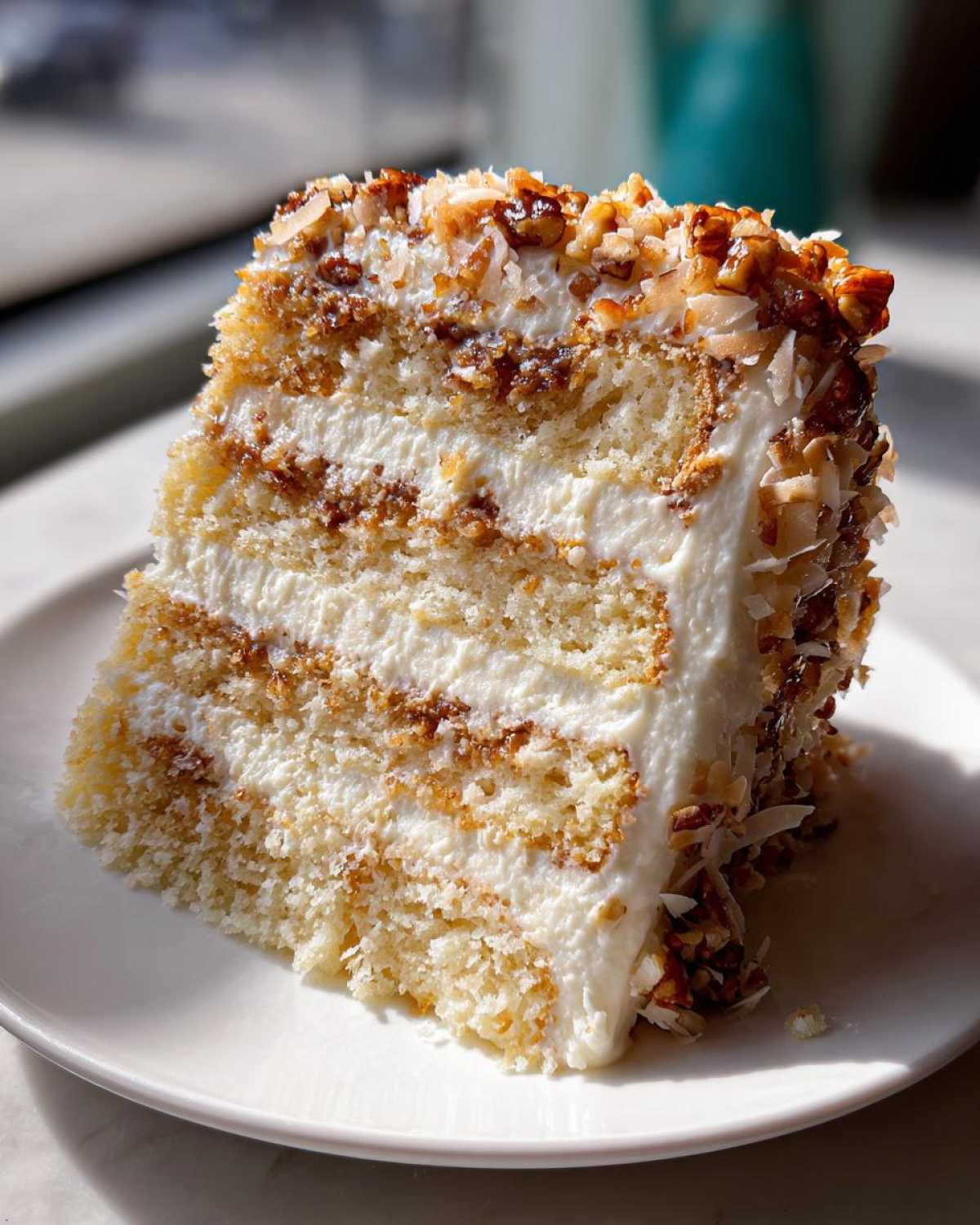 A tall slice of white German chocolate cake featuring layers of light cake, white frosting, and coconut pecan filling.