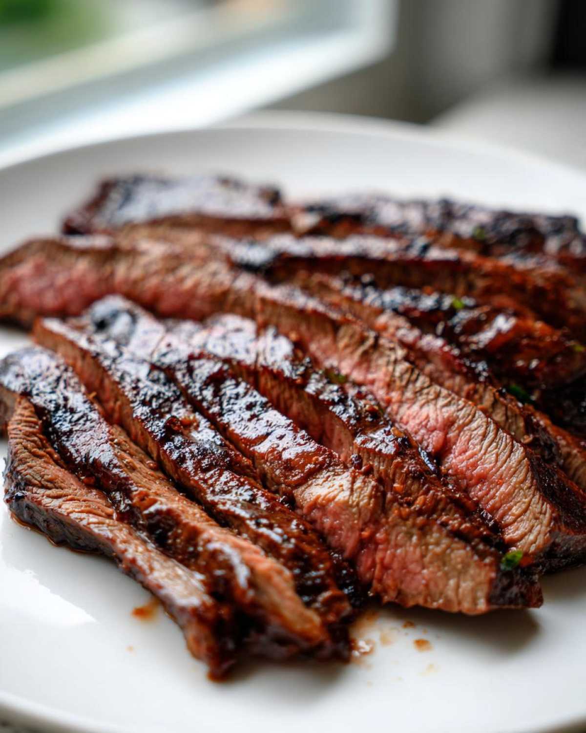 Close-up of medium-rare sliced steak, glistening with sauce from the carne asada marinade, served on a white plate.