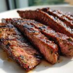 Close-up of perfectly grilled and sliced steak showing medium-rare interior, coated in a rich Carne asada marinade glaze.