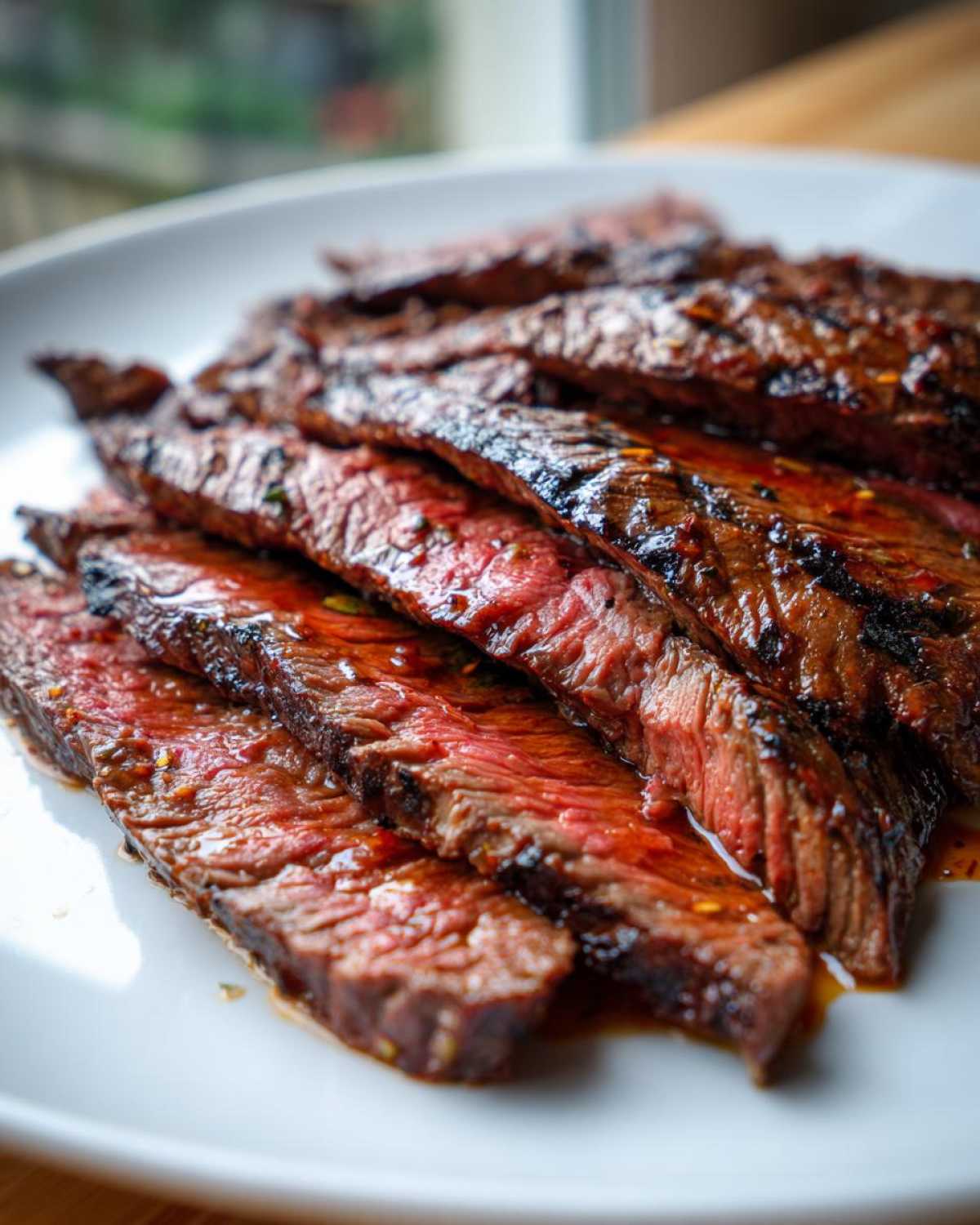 Close-up of medium-rare sliced steak, showing juices and char marks from the Carne asada marinade.