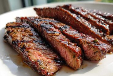 Close-up of perfectly grilled and sliced steak showing medium-rare interior, coated in a rich Carne asada marinade glaze.