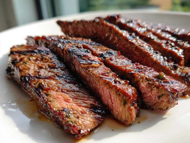 Close-up of perfectly grilled and sliced steak showing medium-rare interior, coated in a rich Carne asada marinade glaze.