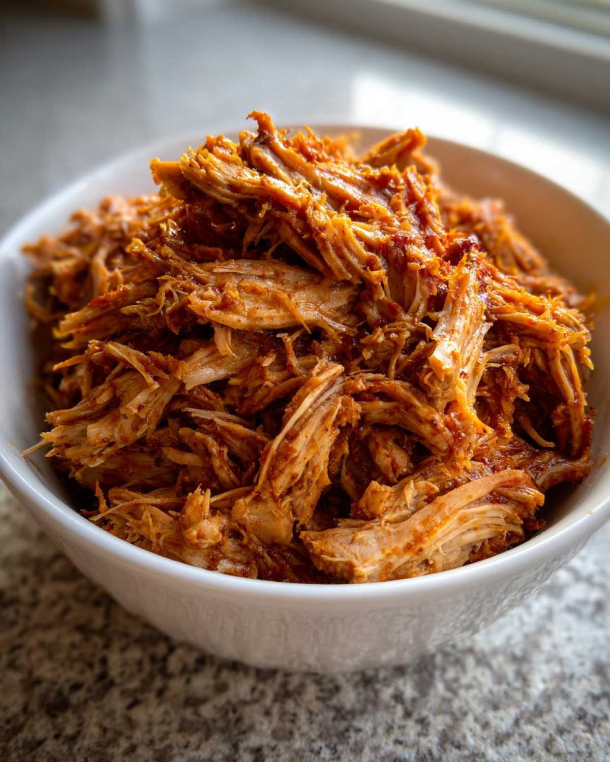 Close-up of shredded, saucy Slow Cooker Pulled Pork piled high in a white bowl.