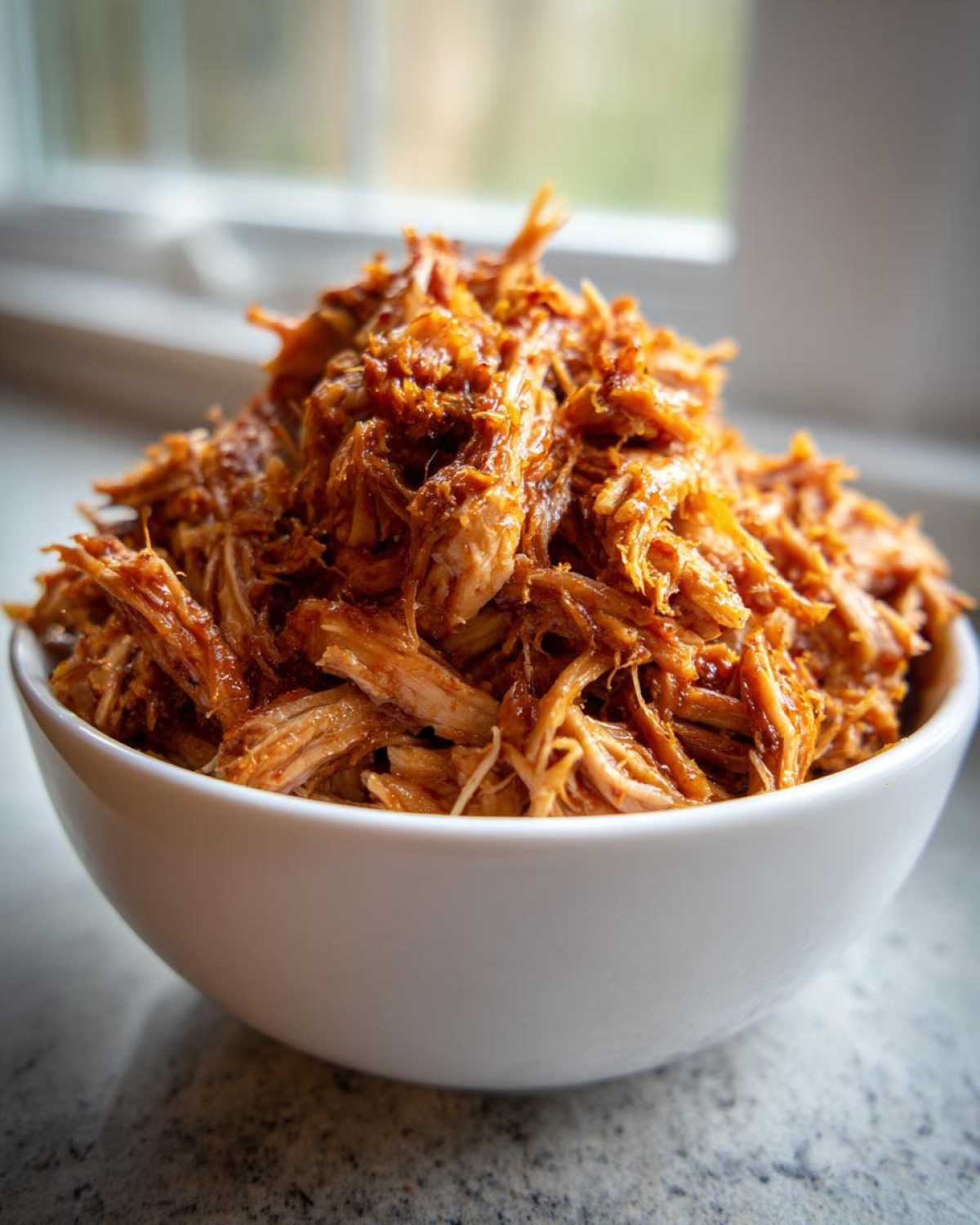 A white bowl overflowing with saucy, shredded Slow Cooker Pulled Pork, set against a bright window background.