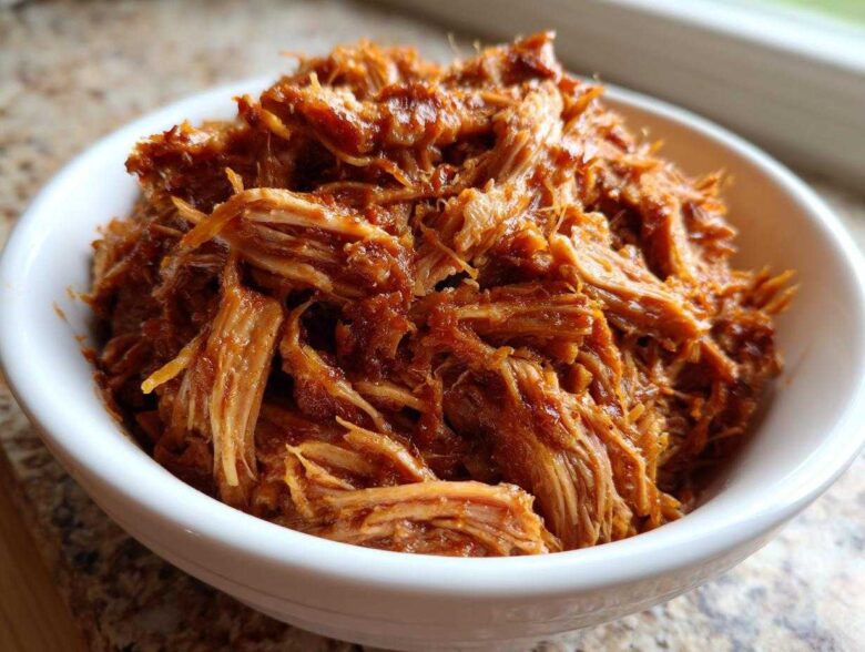 Close-up of a white bowl filled with shredded, saucy Slow Cooker Pulled Pork.