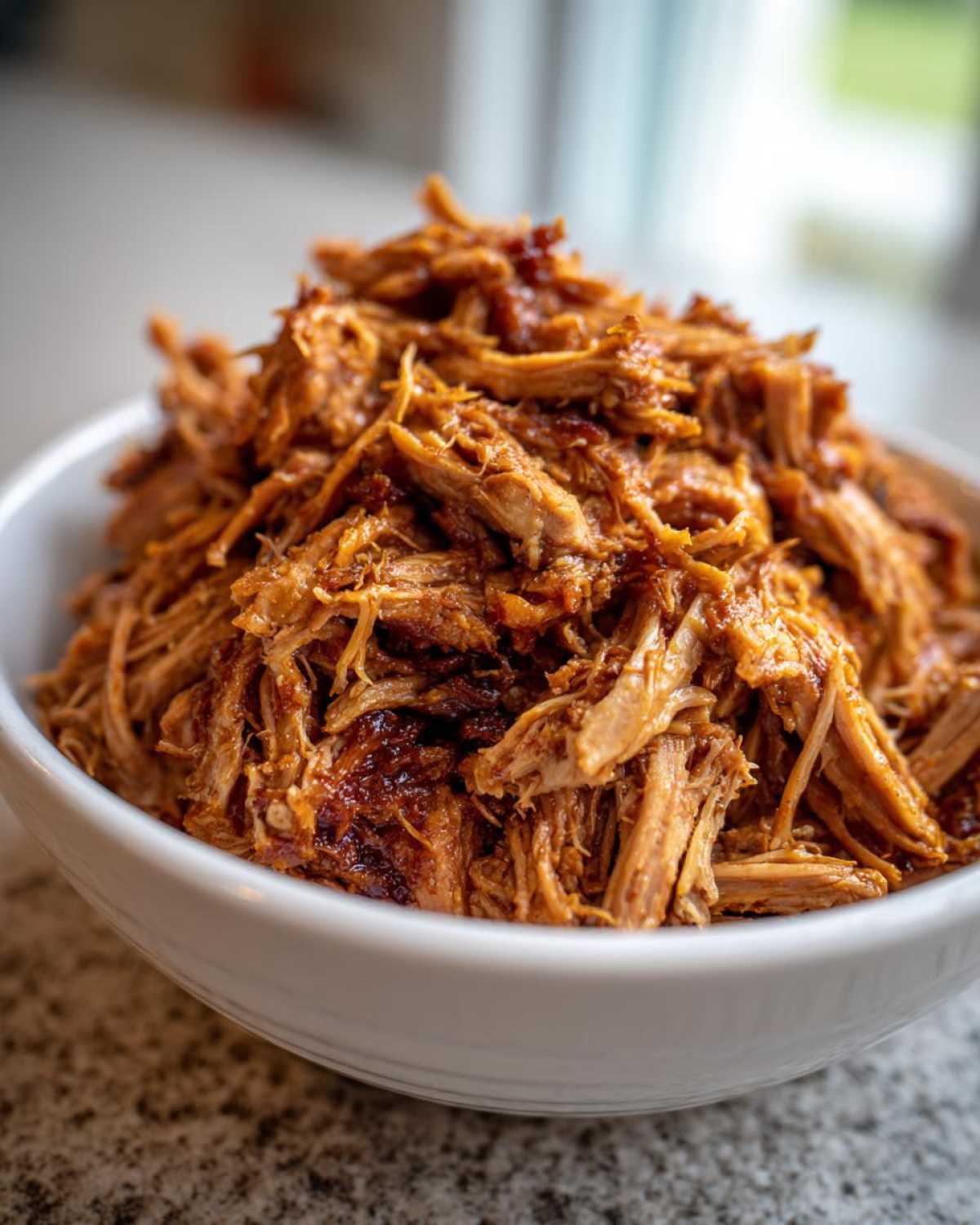 Close-up of a white bowl generously filled with saucy, shredded Slow Cooker Pulled Pork.