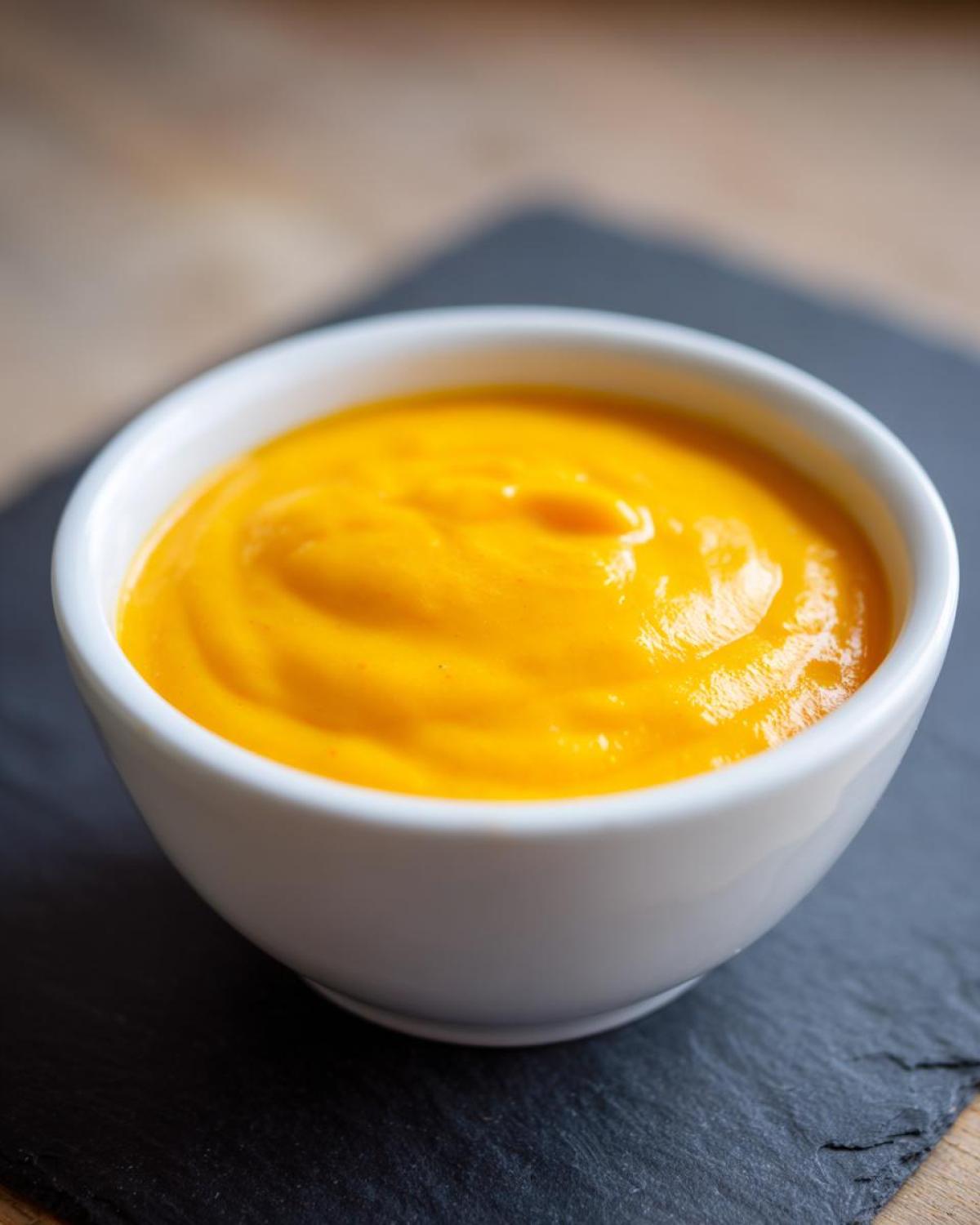 Close-up of a small white bowl filled with vibrant orange, smooth nacho cheese sauce.