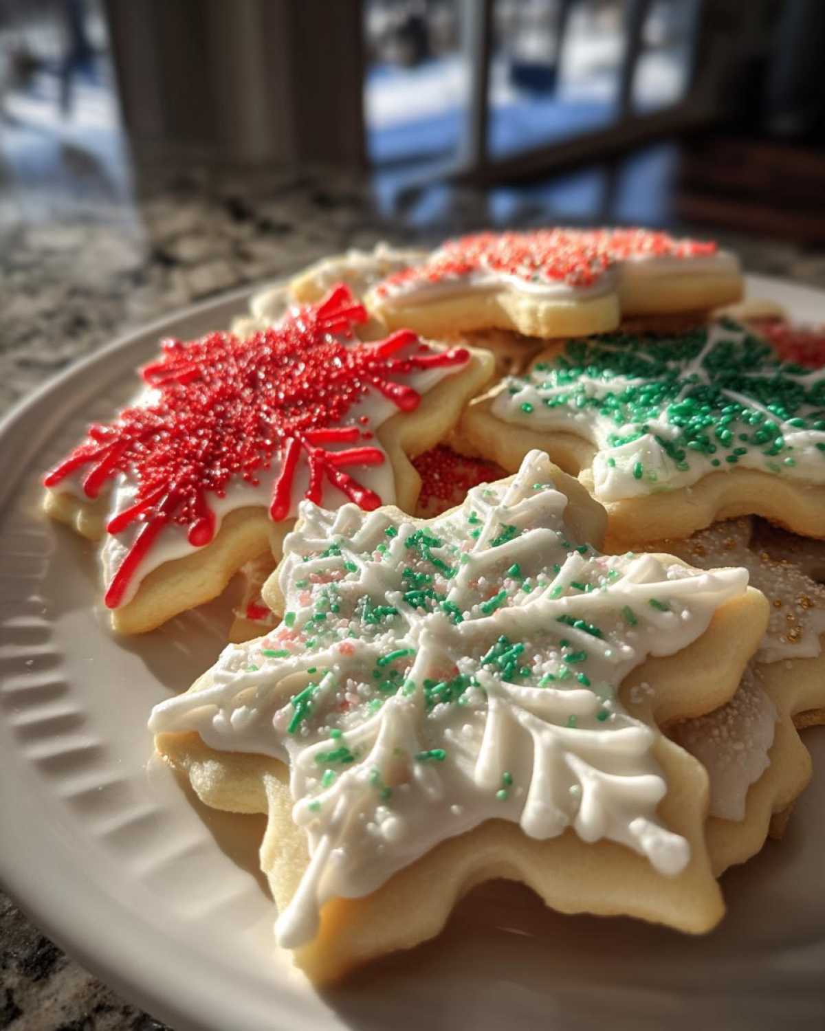 Close-up of snowflake-shaped sugar cookies topped with white sugar cookie icing that hardens, decorated with red and green sprinkles.