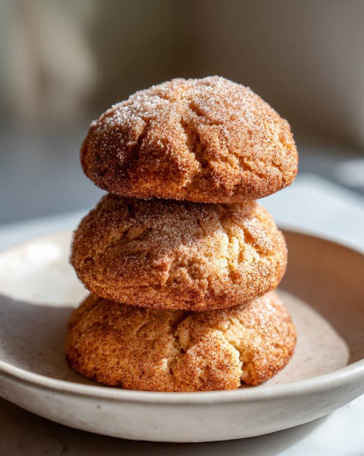 Three soft applesauce cookies stacked on a beige plate, heavily coated in cinnamon sugar.