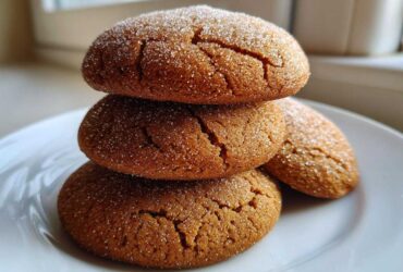 A stack of three soft applesauce cookies, generously coated in sparkling sugar crystals.