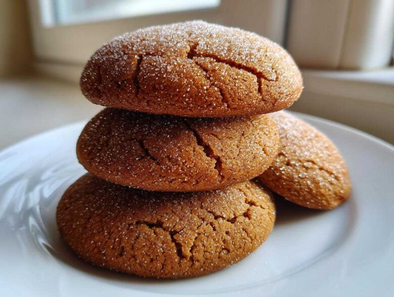 A stack of three soft applesauce cookies, generously coated in sparkling sugar crystals.