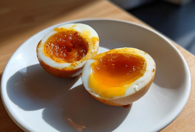 Close-up of two halves of a marinated egg showing a jammy, orange yolk.