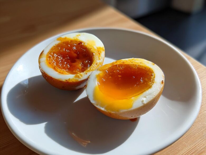Close-up of two halves of a marinated egg showing a jammy, orange yolk.
