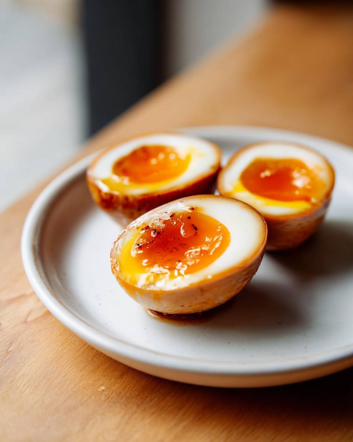 Three halves of soft-boiled marinated eggs with jammy orange yolks served on a small white plate.