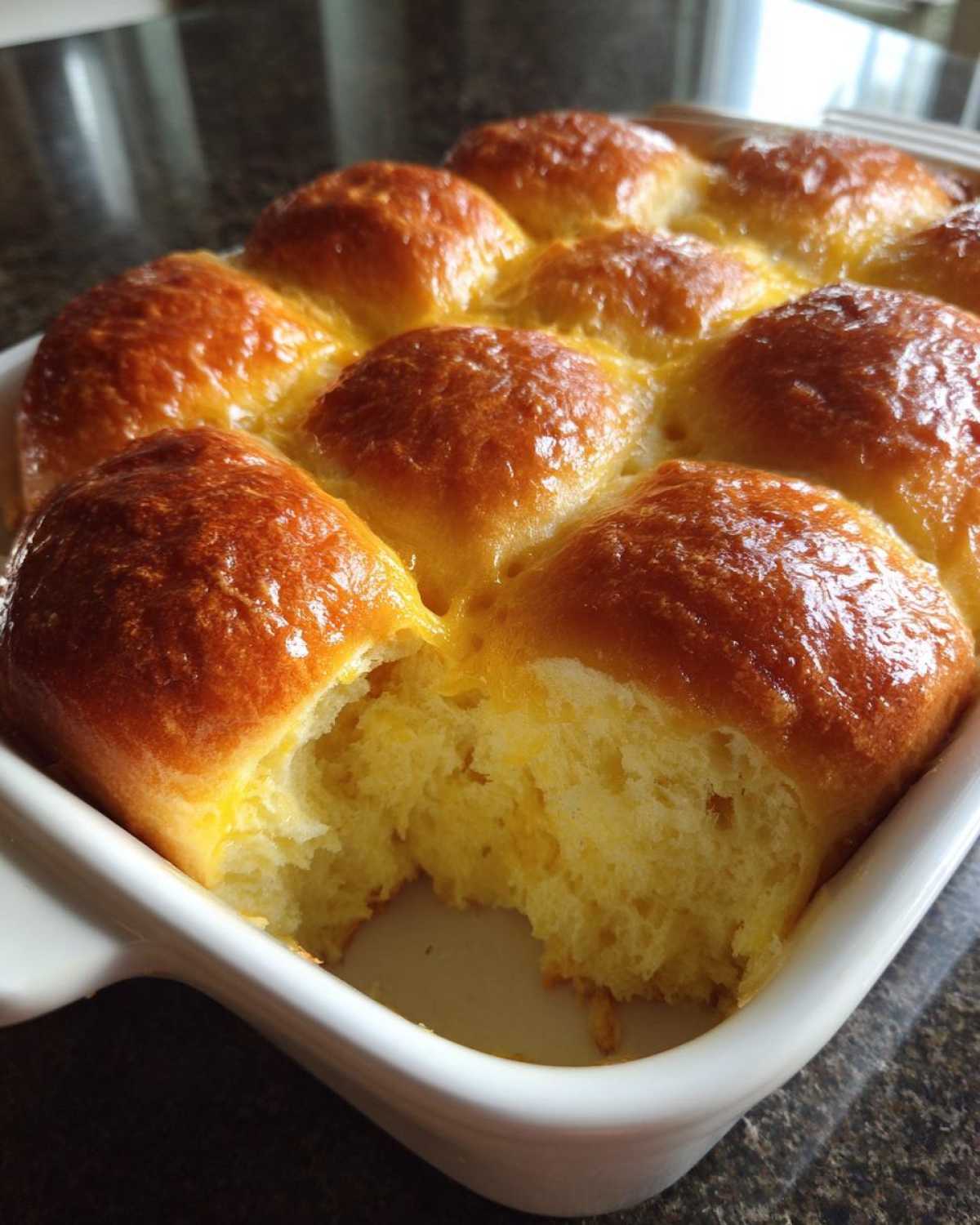 Close-up of golden brown, soft dinner rolls baked together in a white dish, one roll partially pulled apart.
