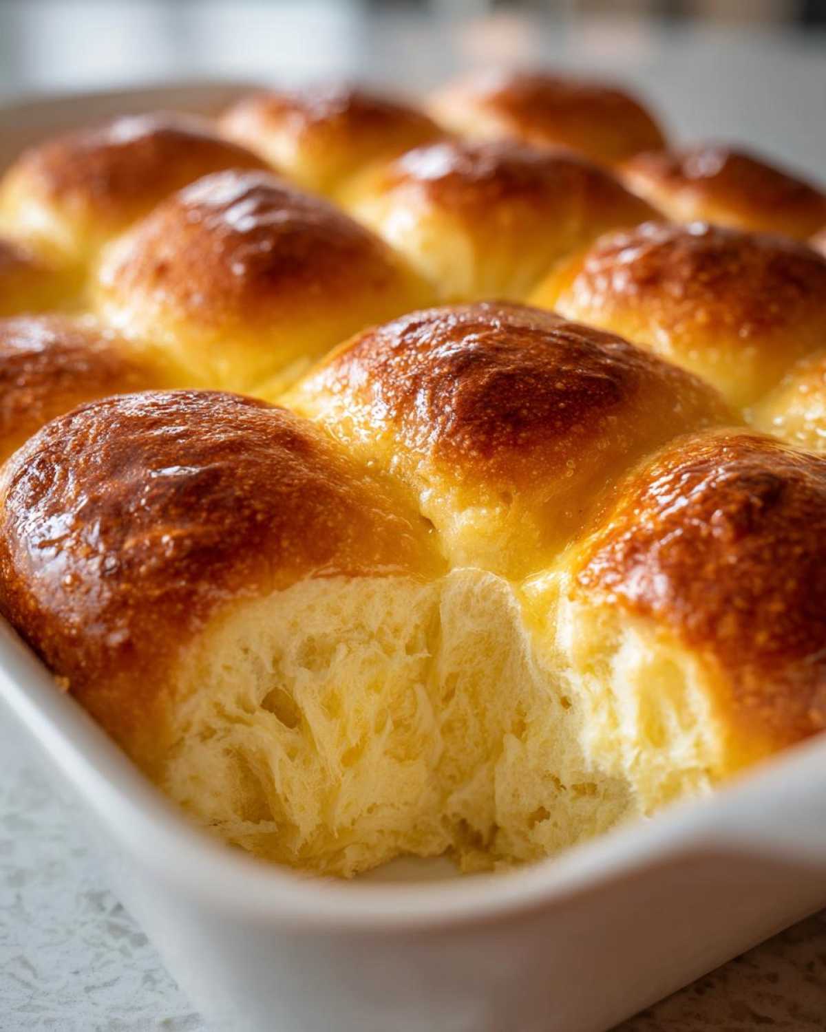 Close-up of soft, pull-apart dinner rolls with a glossy, golden-brown crust in a white baking dish.