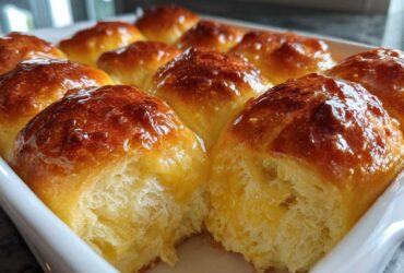 Close-up of a pan of golden brown, shiny glazed dinner rolls with a soft, pull-apart texture.