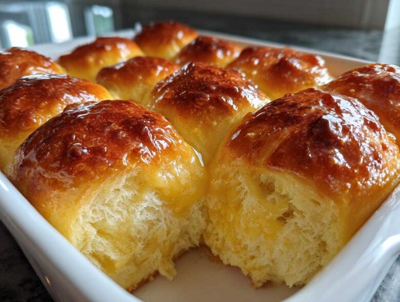 Close-up of a pan of golden brown, shiny glazed dinner rolls with a soft, pull-apart texture.