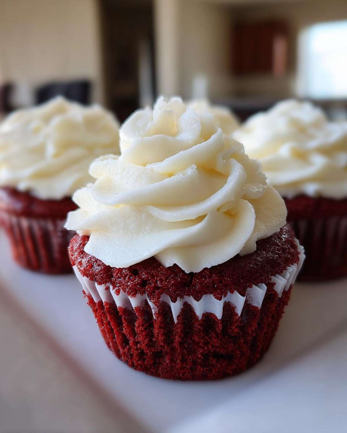 A close-up shot of one perfectly frosted red velvet cupcakes, with two more blurred in the background.
