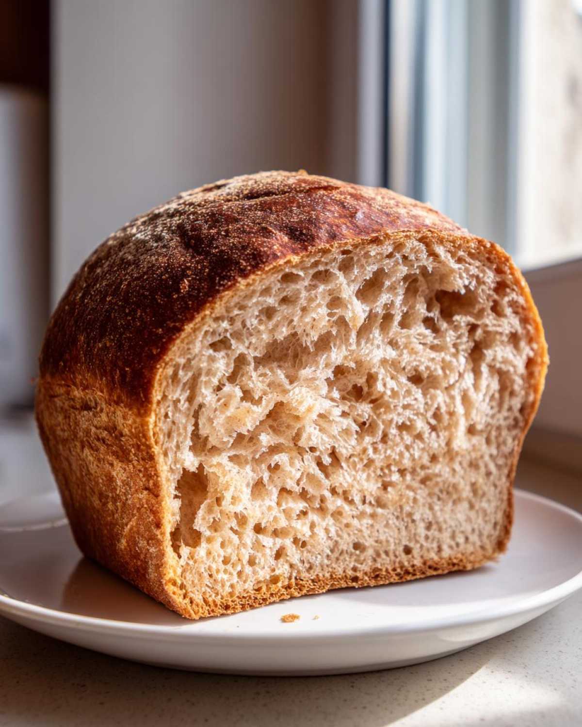 Close-up of a freshly baked loaf of whole wheat bread, showing the soft, airy crumb texture inside.