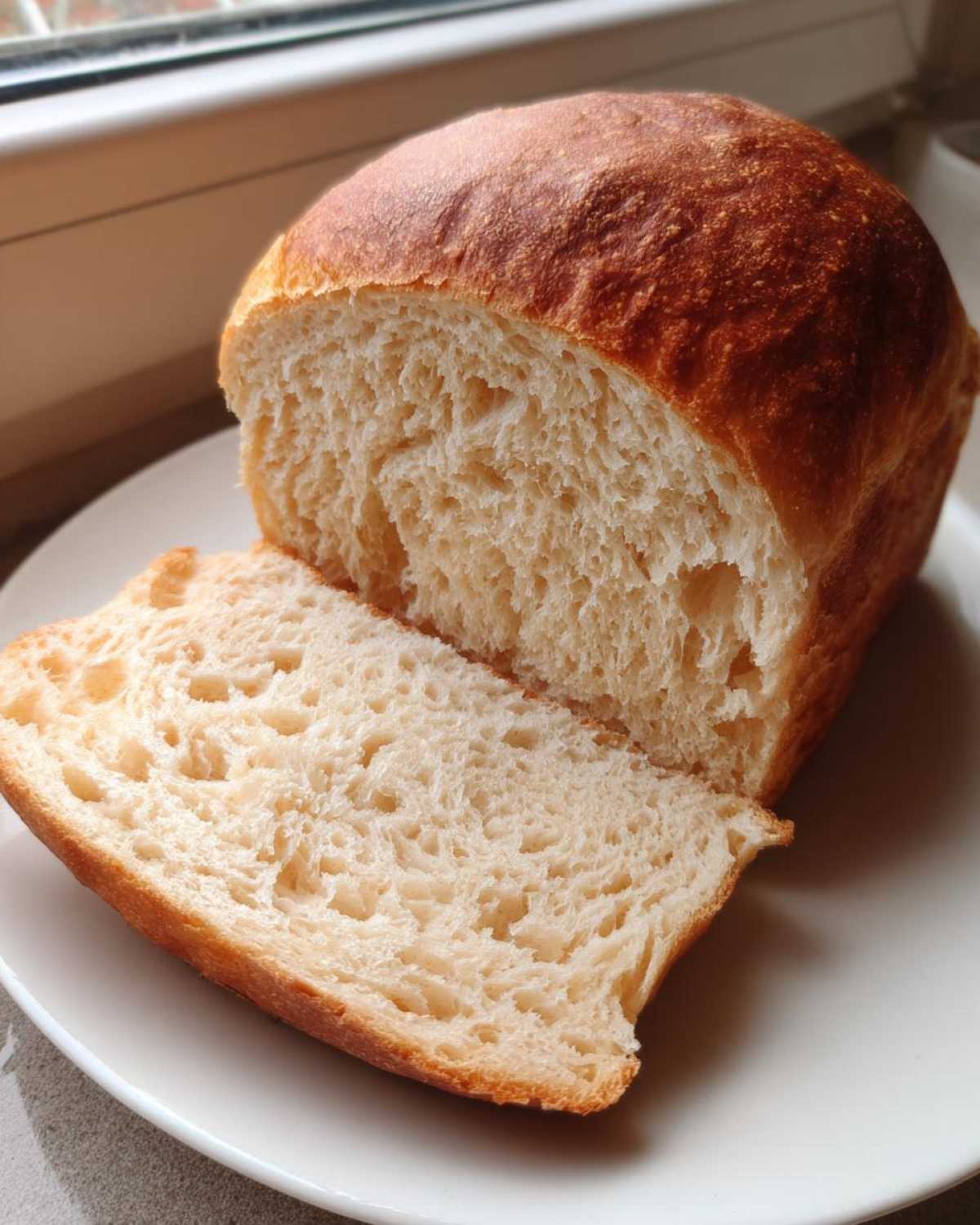 Close-up of a freshly baked whole wheat bread loaf, sliced to show the soft, airy crumb texture.