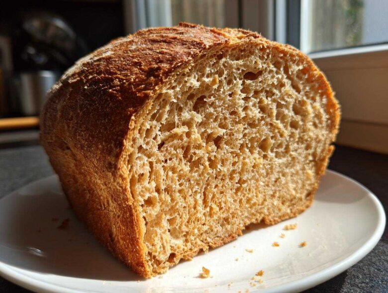 Close-up of the soft, airy crumb structure of a freshly baked whole wheat bread loaf.
