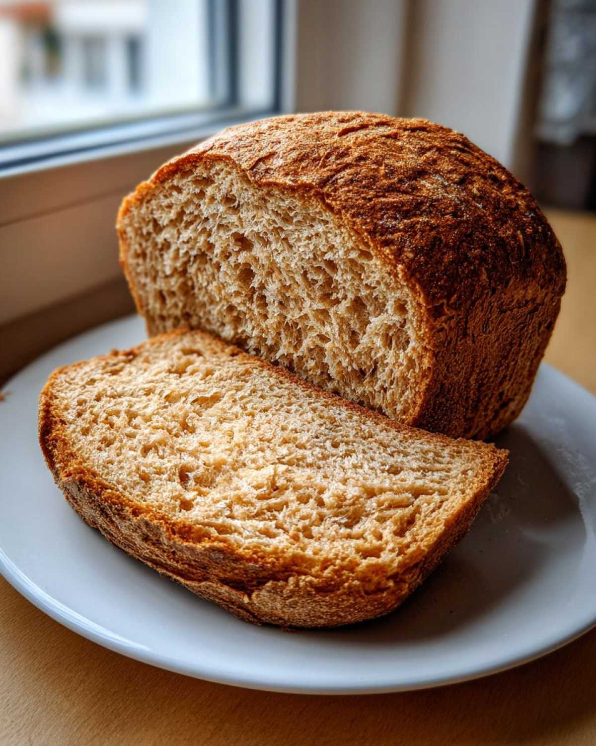 A freshly baked loaf of whole wheat bread, partially sliced, showing its soft texture.