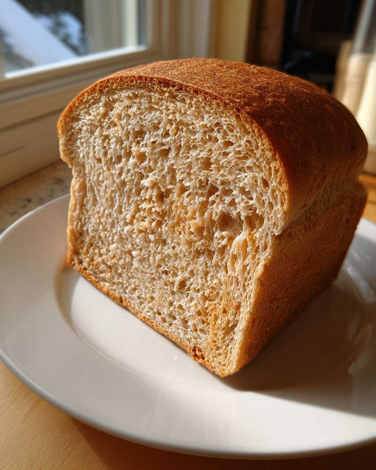 A freshly baked, soft slice of whole wheat bread displayed on a white plate near a sunlit window.