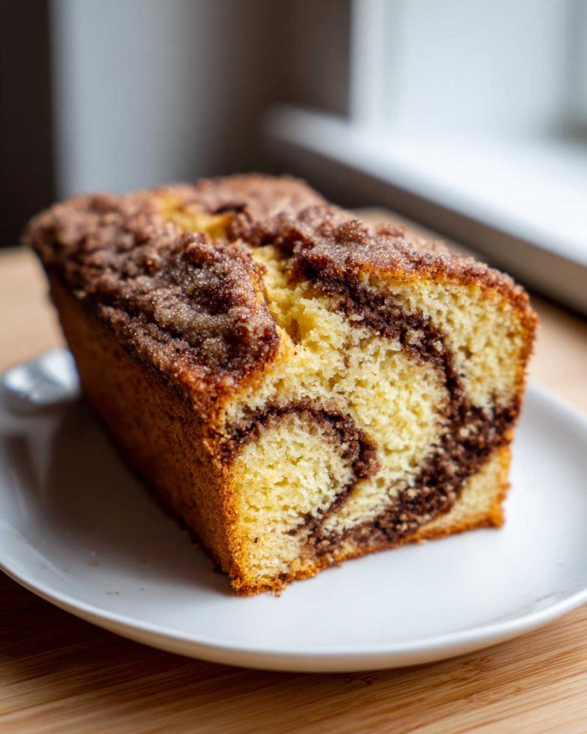 Close-up of a slice of moist sour cream coffee cake featuring a dark cinnamon swirl and crumb topping.