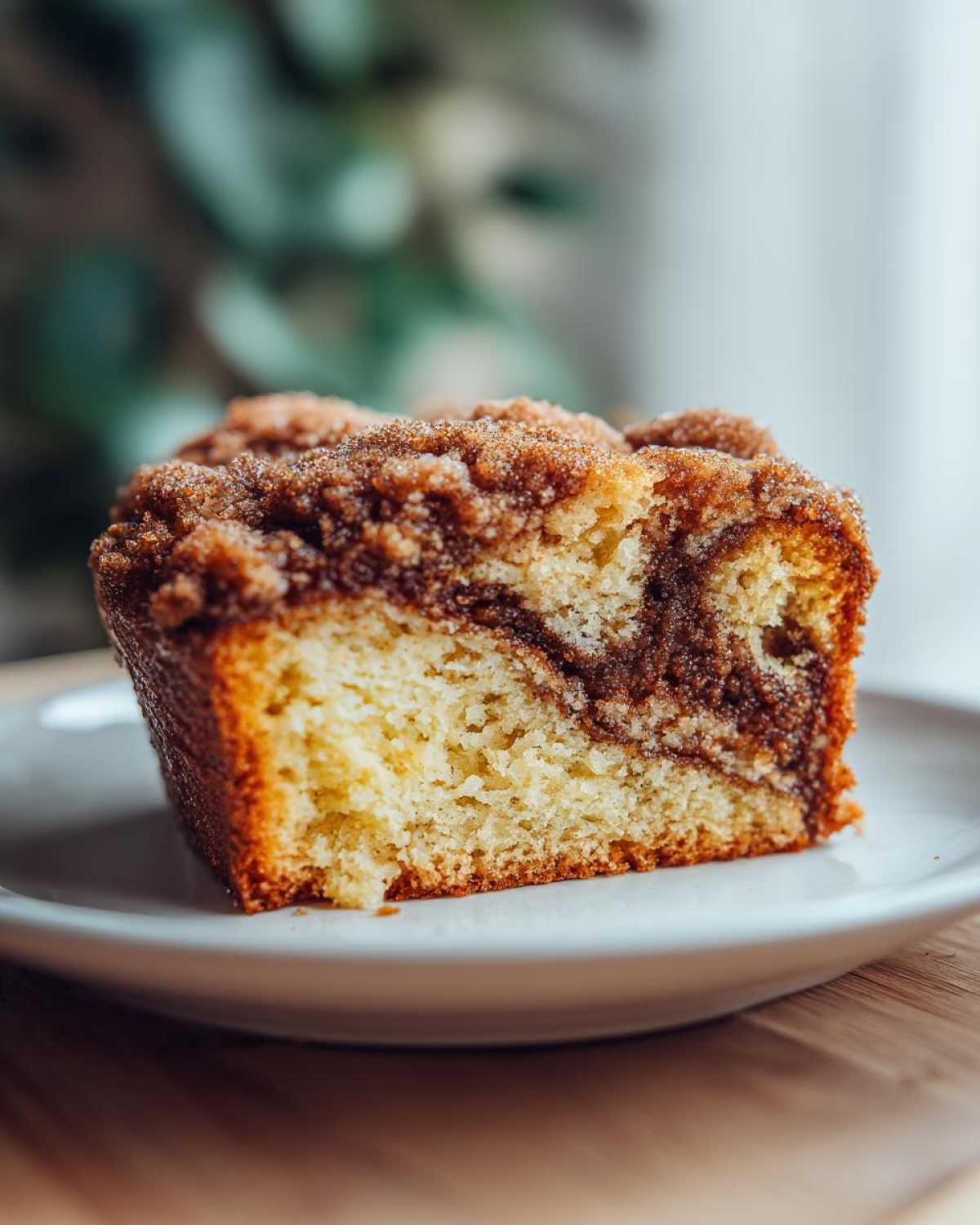 Close-up of a moist slice of sour cream coffee cake featuring a rich cinnamon swirl and crumb topping.