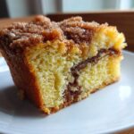 Close-up of a moist slice of sour cream coffee cake showing a yellow crumb and cinnamon swirl topping.