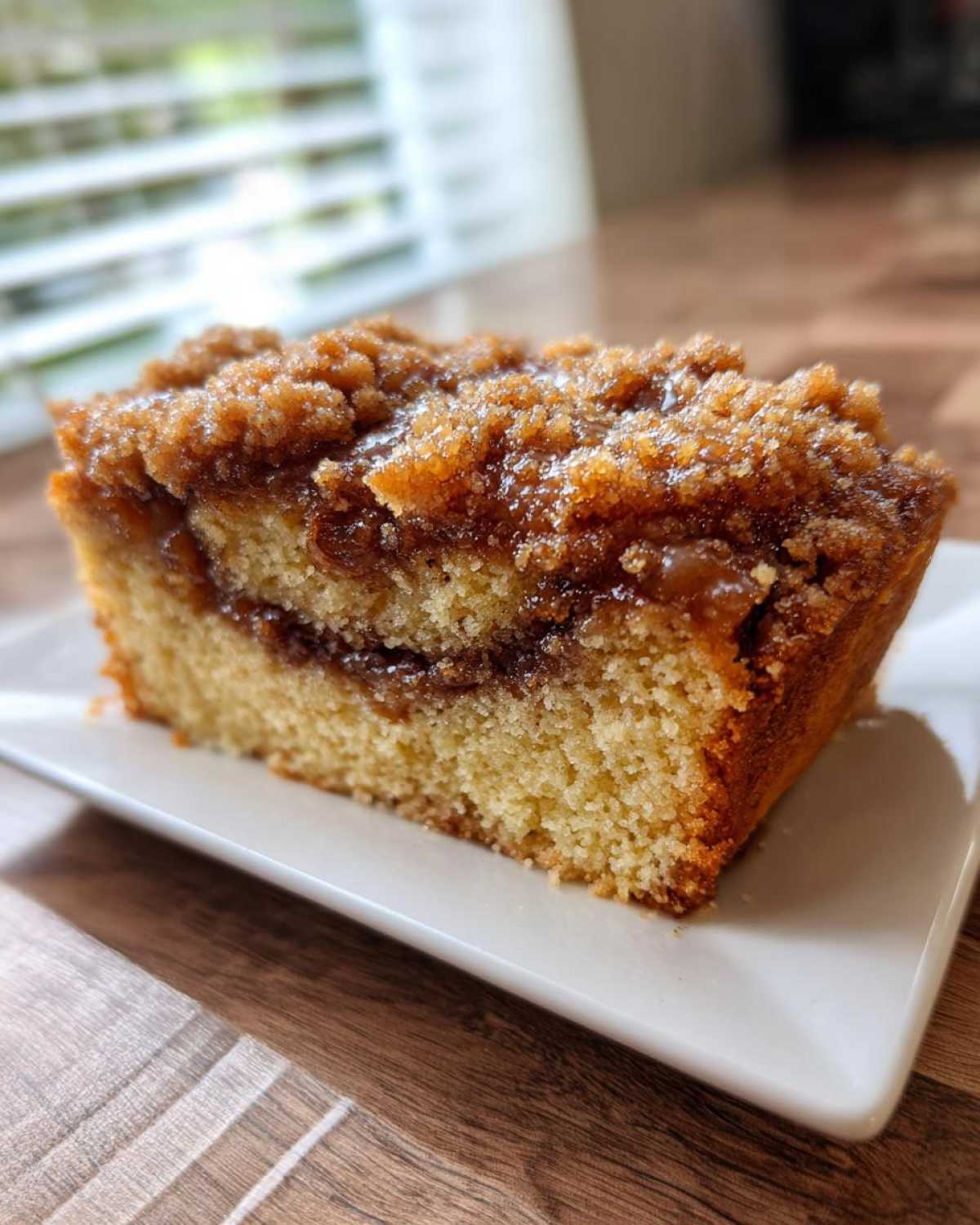 A close-up slice of moist sour cream coffee cake featuring a thick cinnamon swirl and crumbly brown sugar streusel topping.