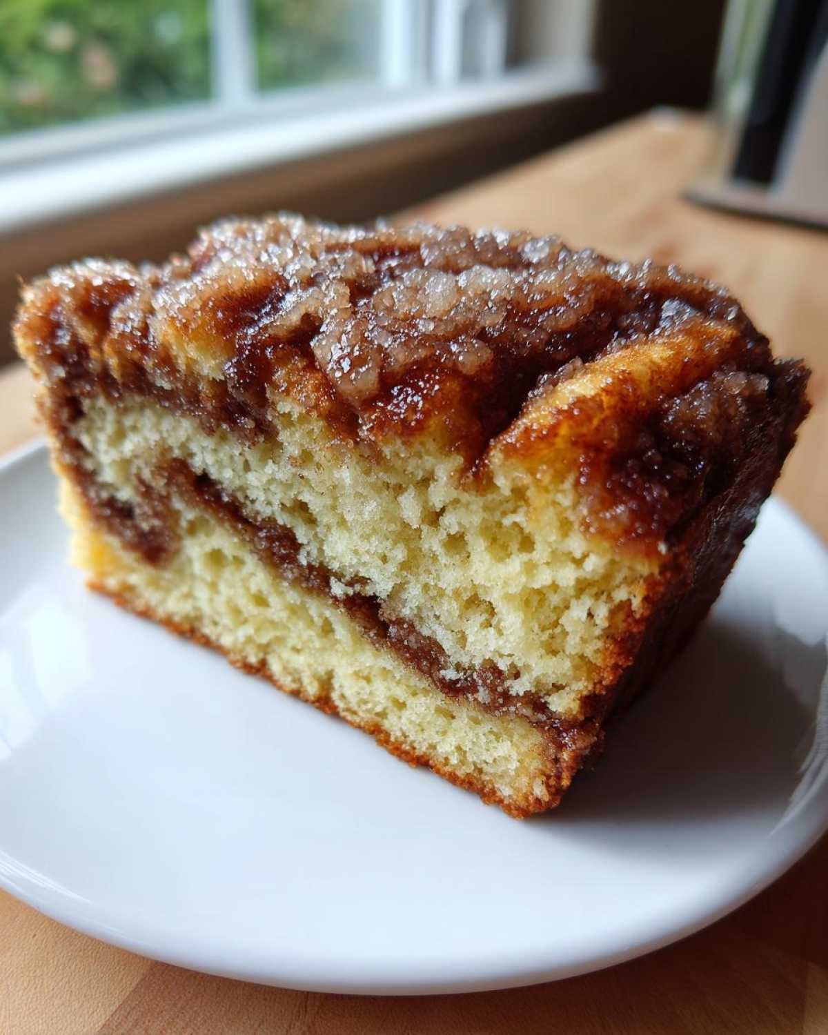 Close-up of a moist slice of sour cream coffee cake featuring a cinnamon swirl and a thick, sugary streusel topping.