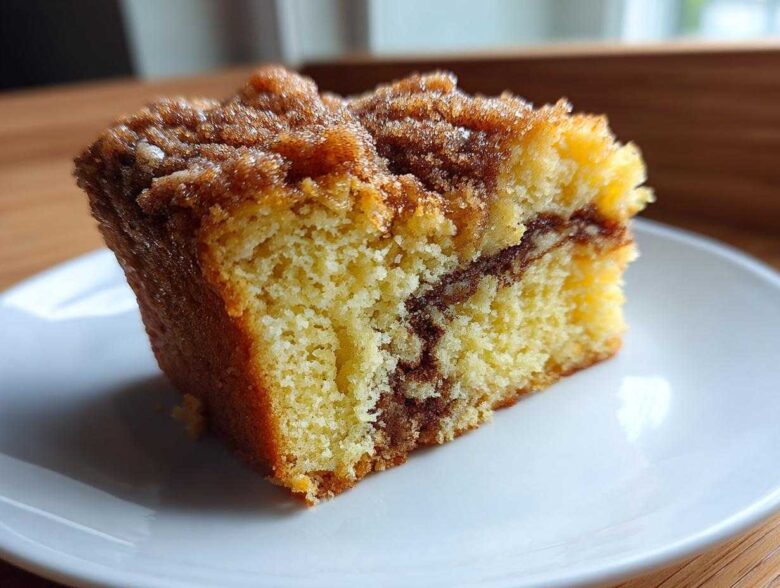 Close-up of a moist slice of sour cream coffee cake showing a yellow crumb and cinnamon swirl topping.