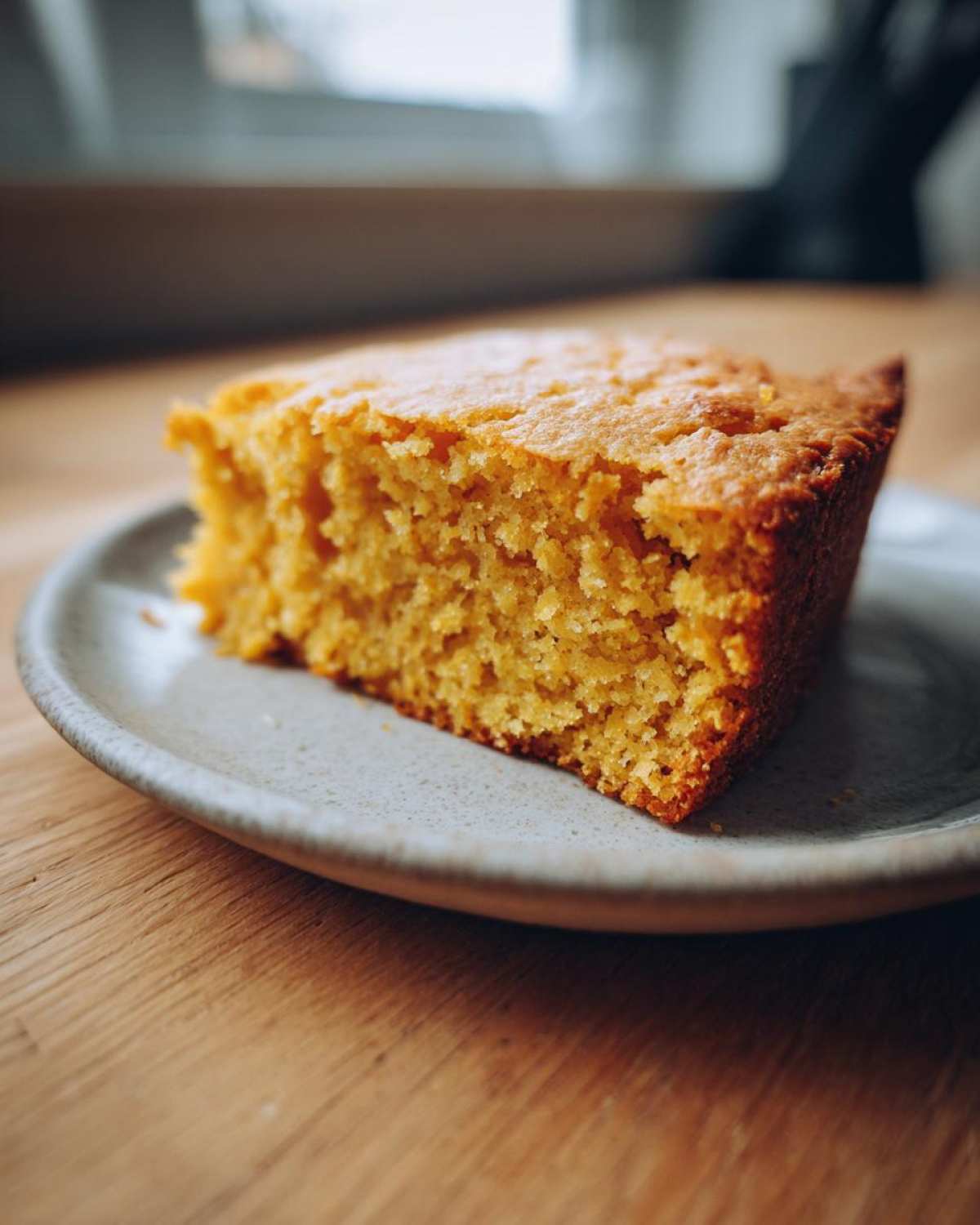 Close-up of a thick slice of moist, golden sourdough cornbread resting on a small ceramic plate.