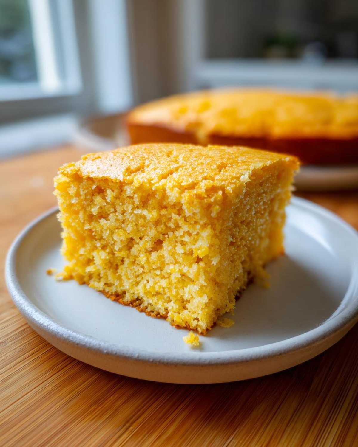 A close-up of a moist, golden slice of sourdough cornbread served on a small white plate.