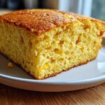 A close-up of a moist, golden slice of sourdough cornbread resting on a light gray plate.