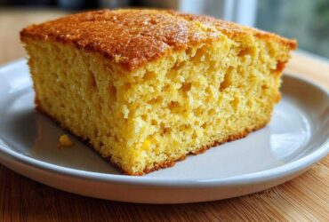 A close-up of a moist, golden slice of sourdough cornbread resting on a light gray plate.