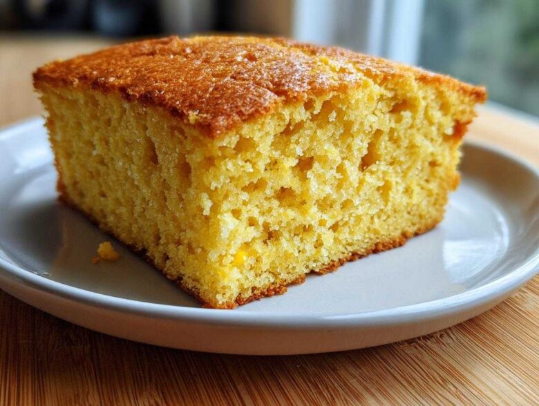 A close-up of a moist, golden slice of sourdough cornbread resting on a light gray plate.