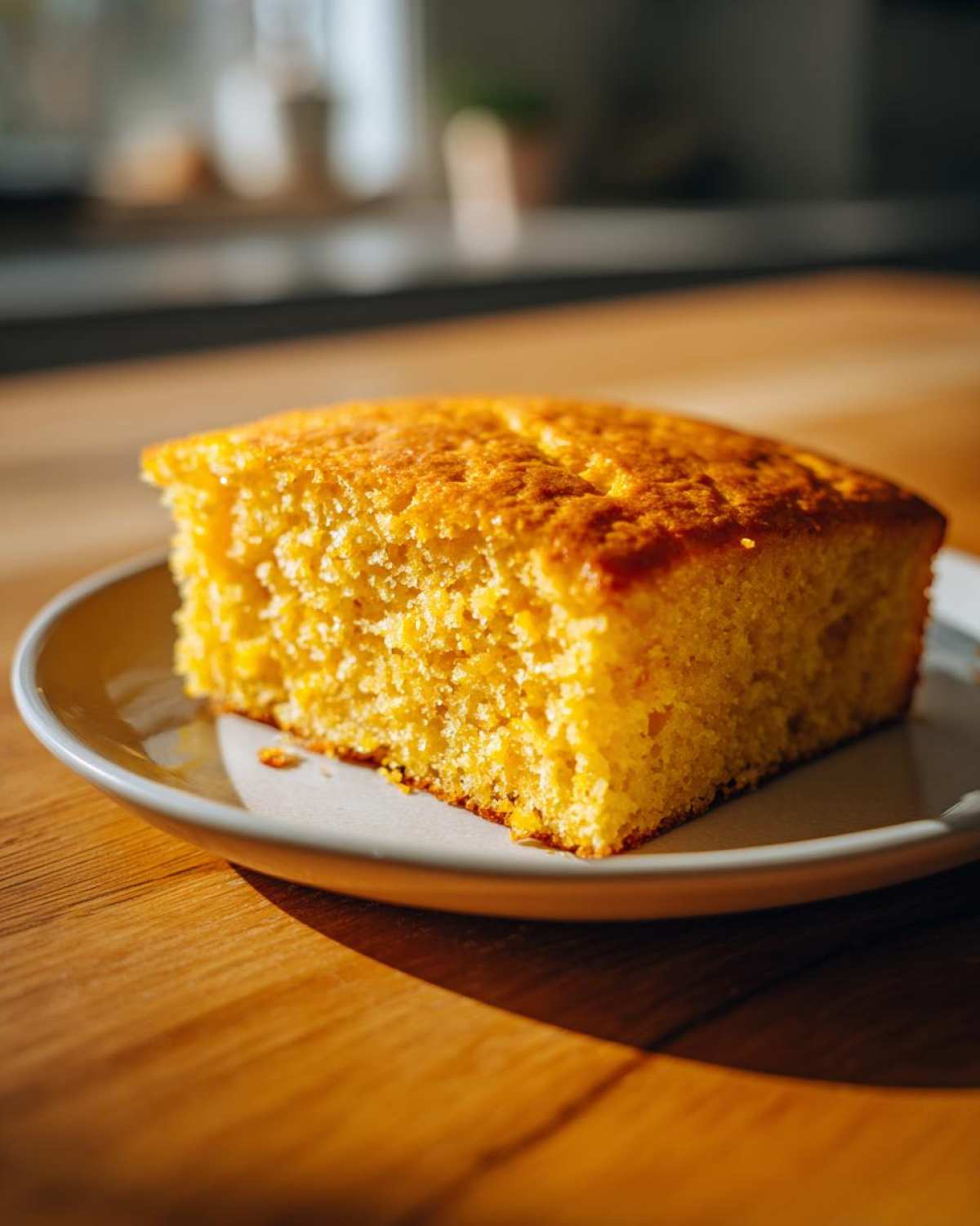 A close-up, sunlit shot of a moist, golden slice of sourdough cornbread resting on a small plate.