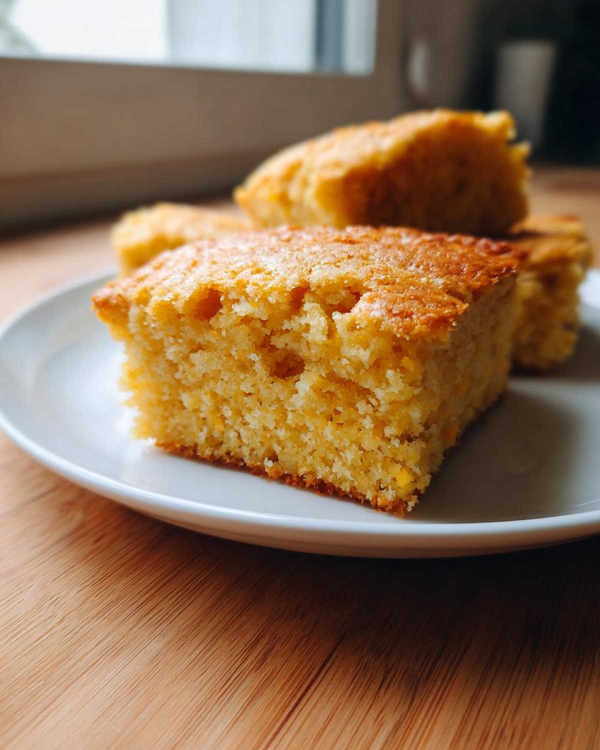 Close-up of a square slice of golden sourdough cornbread on a white plate, showing its crumb texture.