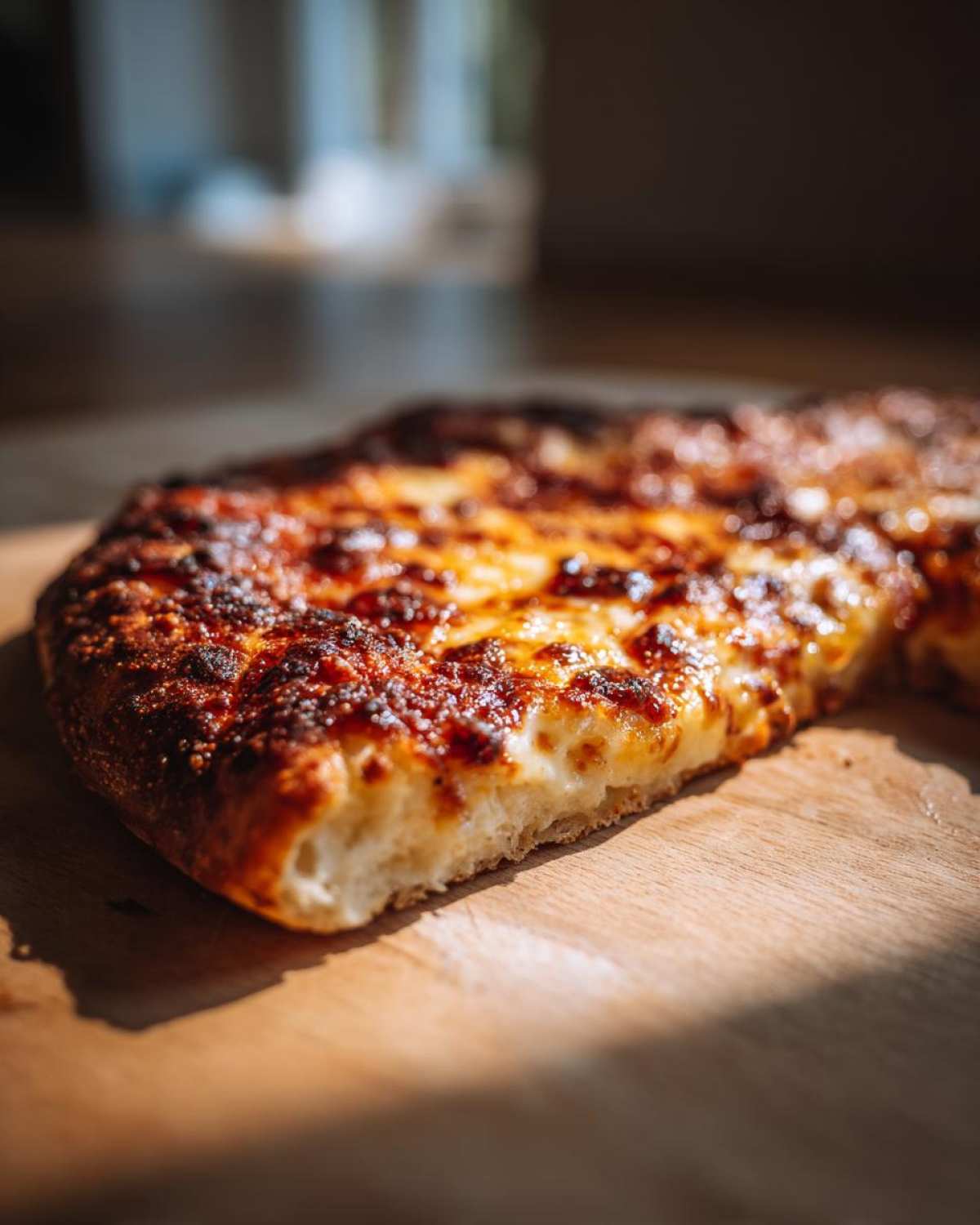 Close-up of a cheesy pizza slice showing the thick, airy crust made from sourdough discard pizza dough.
