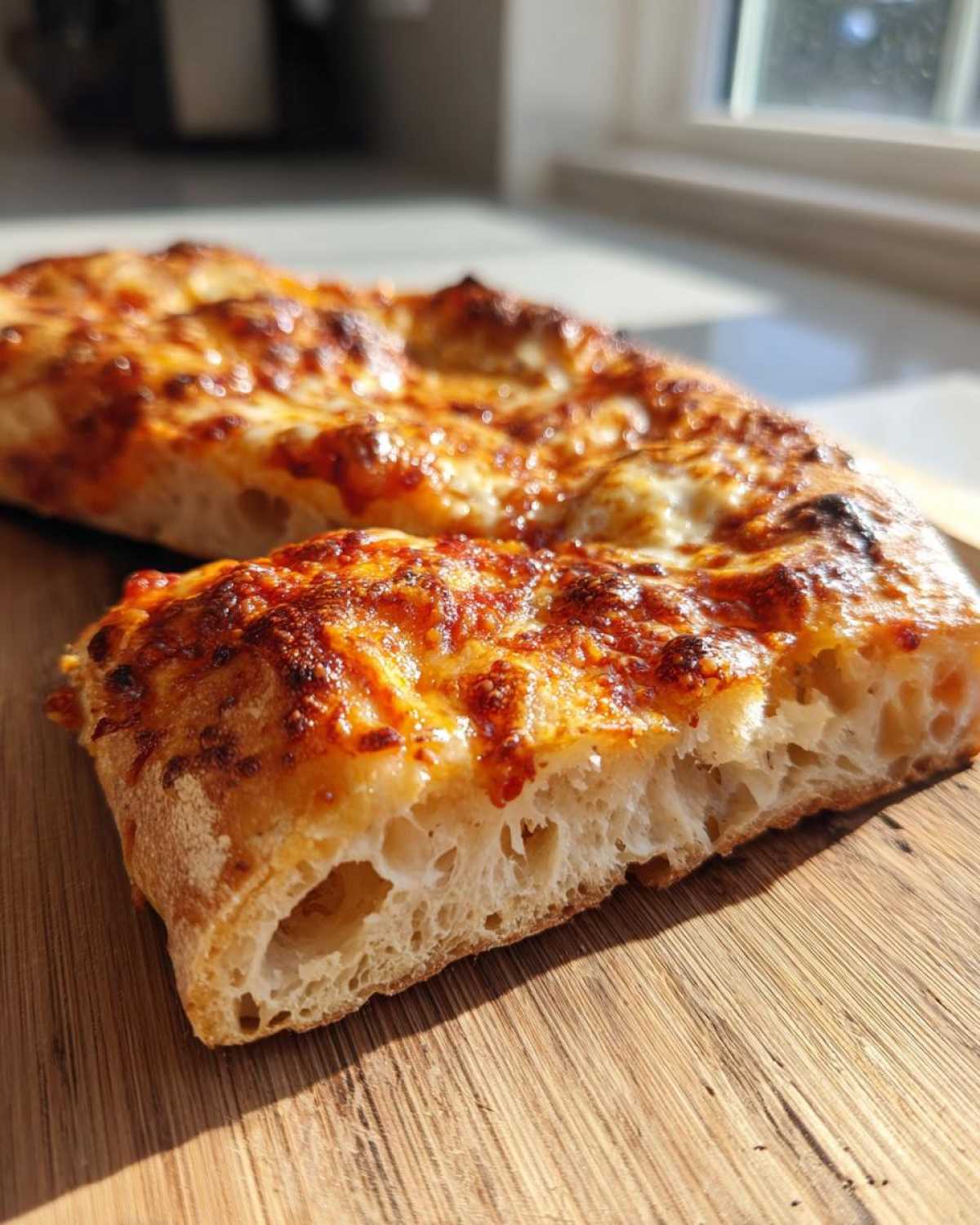 Close-up of a thick slice showing the airy, open crumb structure of sourdough discard pizza dough.