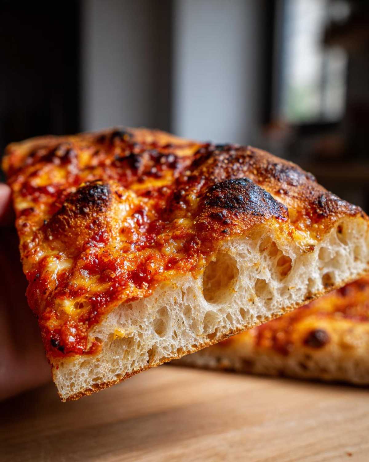 Close-up of a thick slice of pizza showing the airy, open crumb structure of sourdough discard pizza dough.