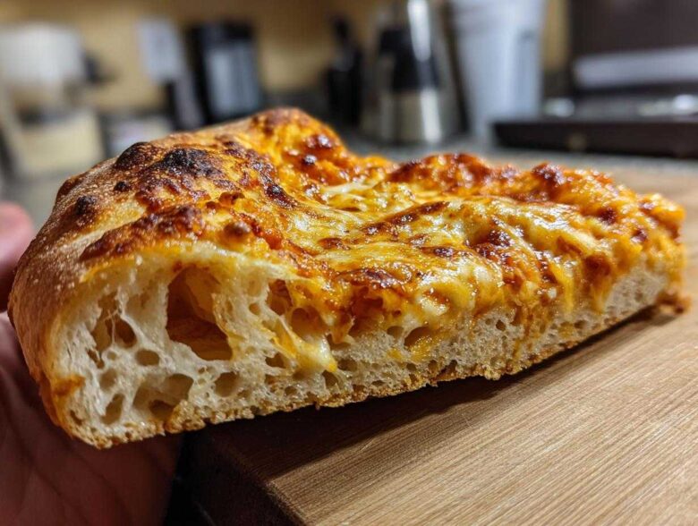 Close-up of a slice of pizza showing the airy crumb structure made from sourdough discard pizza dough.