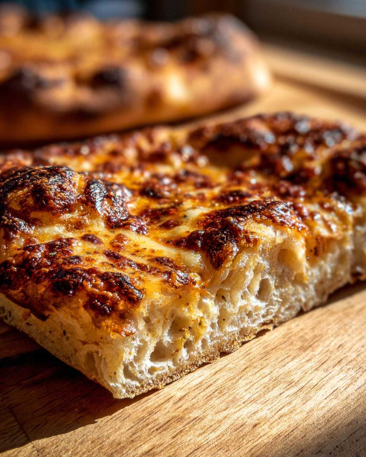 A thick slice of cheesy pizza made from sourdough discard pizza dough, showing an airy crumb and charred cheese topping.